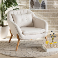 Baxton Studio 924-Velvet Beige-Chair Valentina Mid-Century Modern Transitional Beige Velvet Fabric Upholstered and Natural Wood Finished Armchairs
